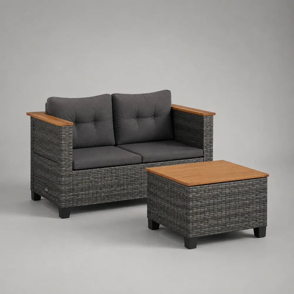 Set da esterno in rattan, acciaio e legno con divano a 2 posti 132 x 71 x 81 cm e tavolino 65 x 55 x 42 cm, antracite e marrone