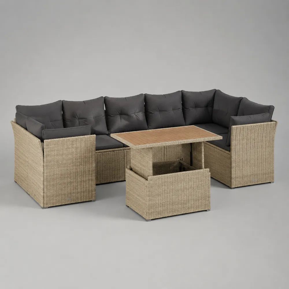 Set divano angolare da giardino 5 pezzi, 6 posti, in polyrattan PE beige con cuscini grigio antracite e tavolo, 260 × 200 × 75 cm