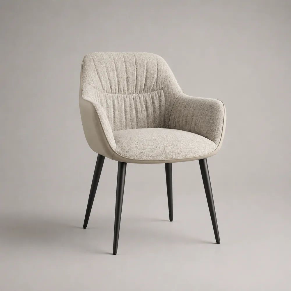 Sedia da pranzo con braccioli e schienale curvo, rivestimento in tessuto bouclé e similpelle beige, gambe in acciaio nero, 58 × 60 × 82 cm