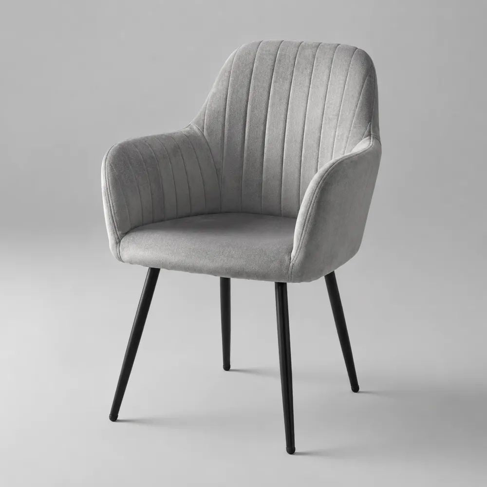 Sedia da pranzo con braccioli in velluto grigio e gambe in acciaio nero, 58 x 61 x 84 cm