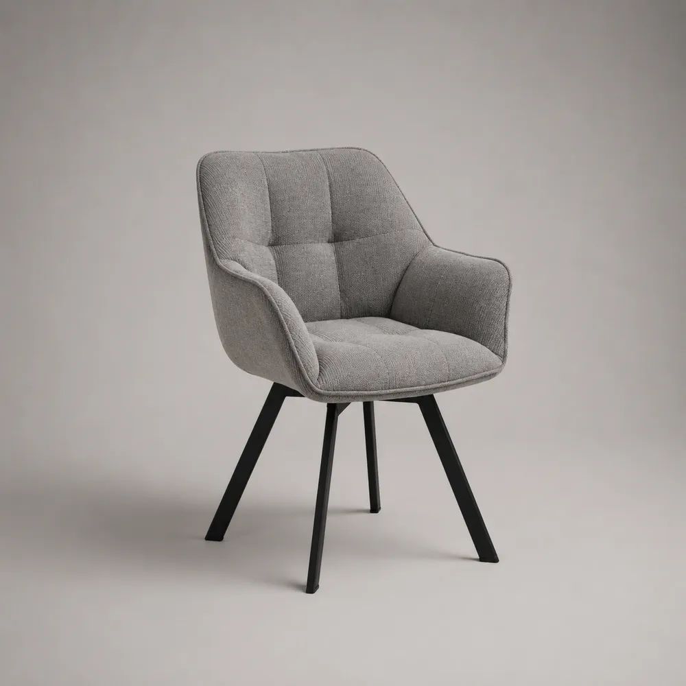 Sedia da pranzo imbottita con braccioli in tessuto grigio e gambe in acciaio nero, 58 × 61 × 84 cm