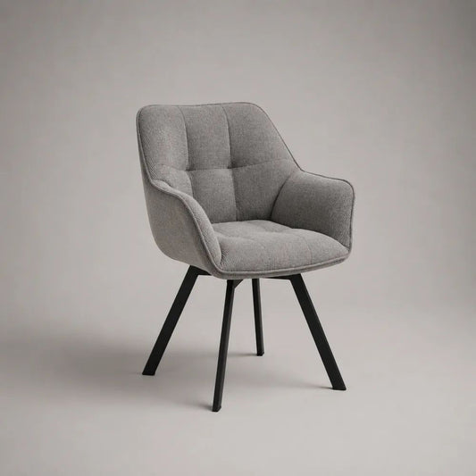 Sedia da pranzo imbottita con braccioli in tessuto grigio e gambe in acciaio nero, 58 × 61 × 84 cm
