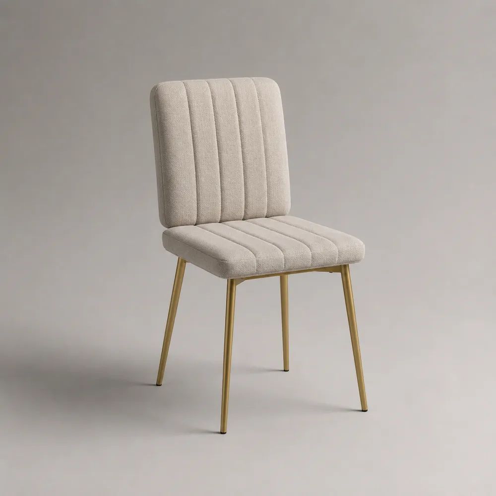 Sedia da pranzo imbottita in tessuto beige con gambe in acciaio dorato, 49 × 56 × 86 cm