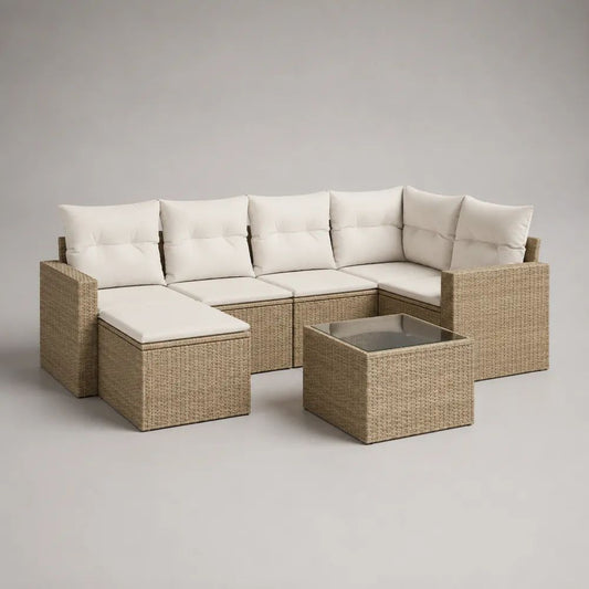 Set divano angolare da esterno 7 pezzi in rattan beige con cuscini crema e tavolino, 228 x 172 x 74 cm