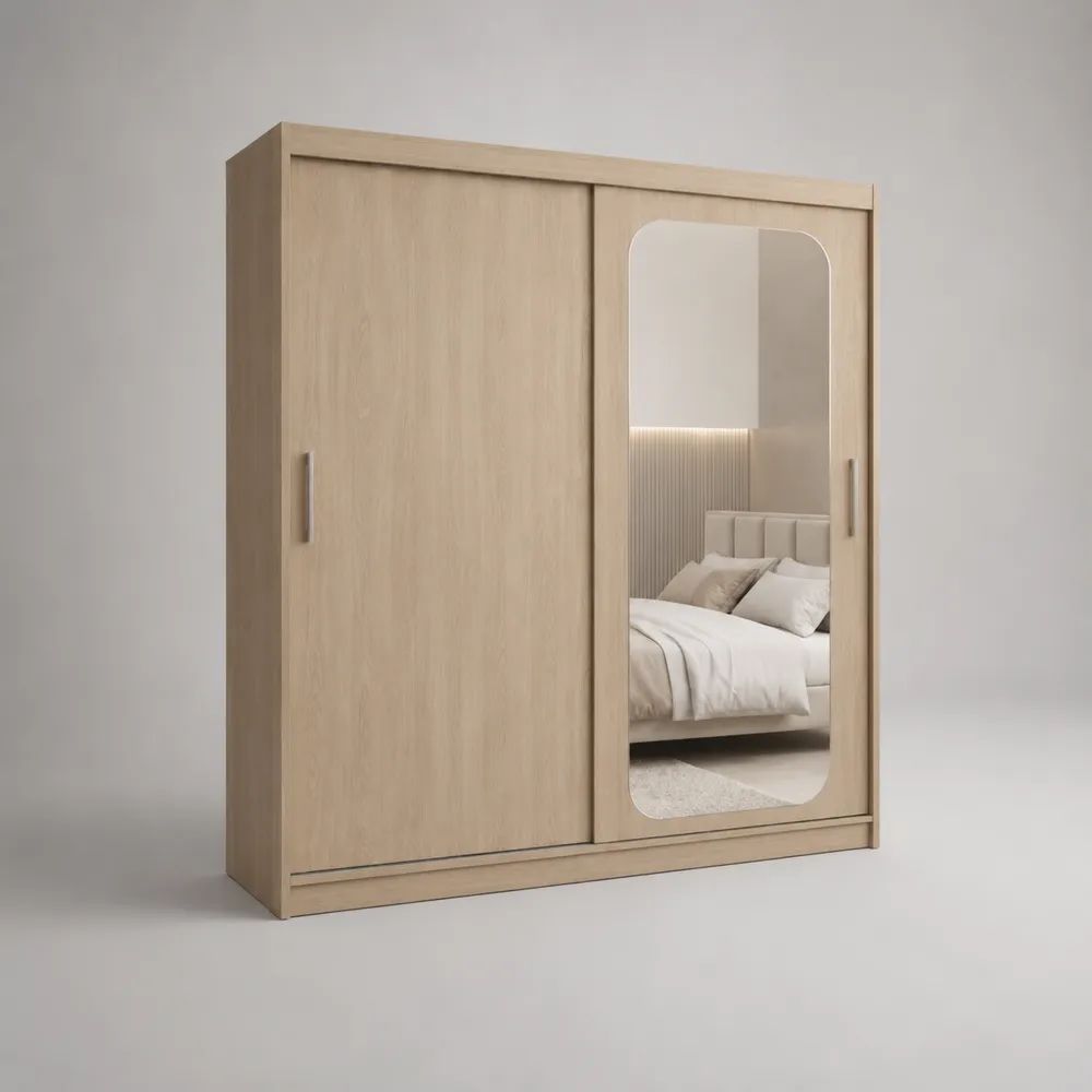 Armadio guardaroba rettangolare a 2 ante scorrevoli con specchio, pannello truciolare melaminico, rovere chiaro, 180 × 60 × 200 cm
