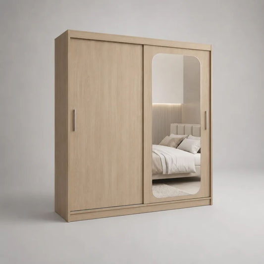 Armadio guardaroba rettangolare a 2 ante scorrevoli con specchio, pannello truciolare melaminico, rovere chiaro, 180 × 60 × 200 cm