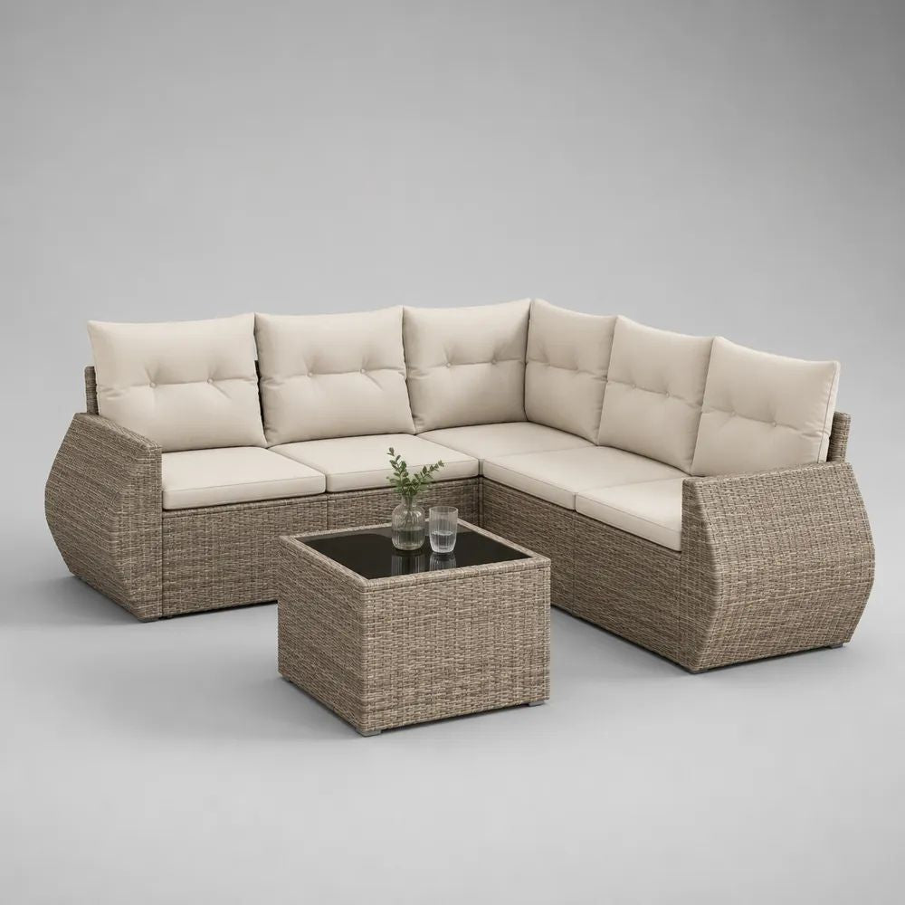 Set salotto da giardino angolare a 5 posti in rattan sintetico PE tortora con cuscini beige e tavolino, 235 x 235 x 82 cm