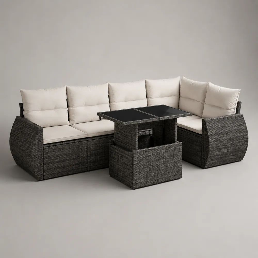 Set divano angolare da esterno a 6 posti in polyrattan grigio antracite con cuscini beige e tavolo rialzabile, 230 x 230 x 74 cm