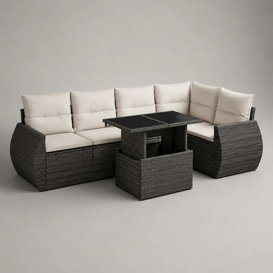 Set divano angolare da esterno a 6 posti in polyrattan grigio antracite con cuscini beige e tavolo rialzabile, 230 x 230 x 74 cm
