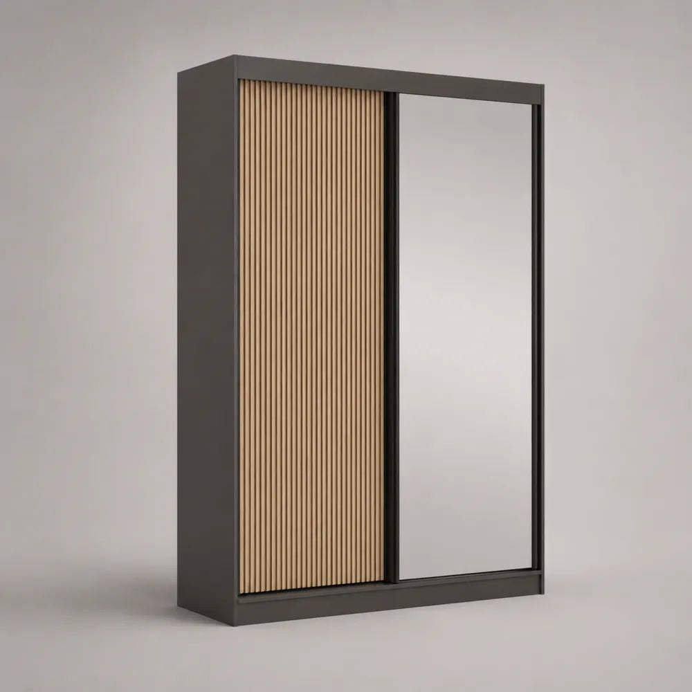Armadio guardaroba rettangolare a 2 ante scorrevoli con specchio in truciolare e MDF, 180 × 60 × 220 cm, antracite e rovere naturale