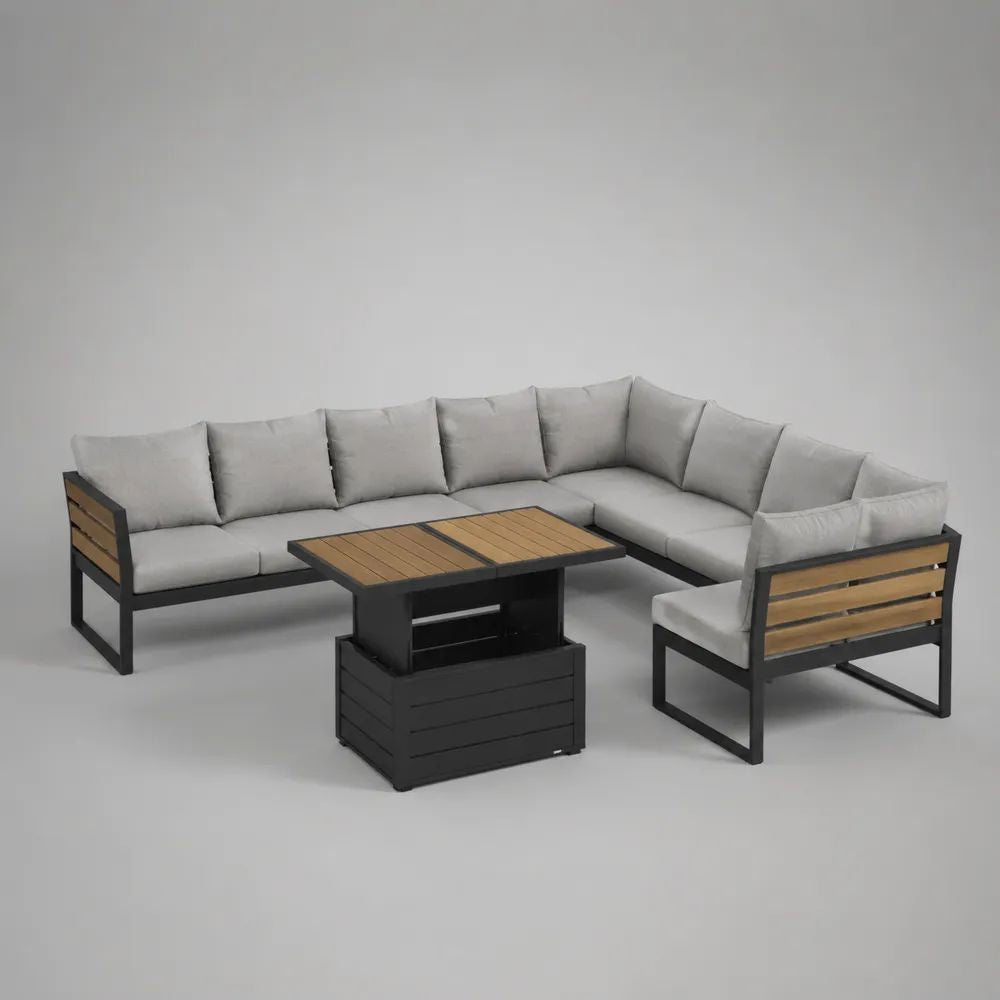 Set salotto da giardino 3 pezzi con divano a L 250 × 250 cm, poltrona e tavolo elevabile 120 × 70 cm in alluminio e legno, nero, grigio chiaro e marrone naturale
