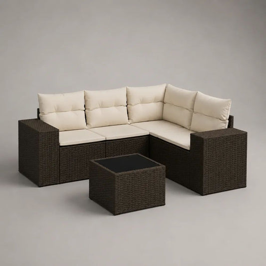 Set salotto angolare da esterno a 5 posti in polyrattan marrone scuro con cuscini beige e tavolino, 232 x 171 x 74 cm