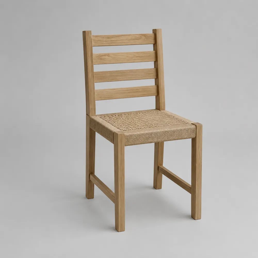 Sedia da pranzo in rovere massello con seduta rettangolare in corda di carta intrecciata, rovere naturale e beige, 45 x 50 x 90 cm