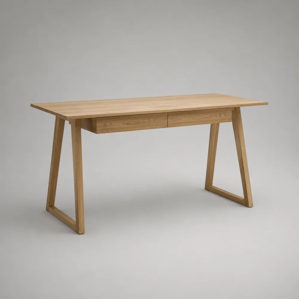 Tavolo da pranzo rettangolare in legno di rovere massello naturale con 2 cassetti, 140 x 70 x 75 cm