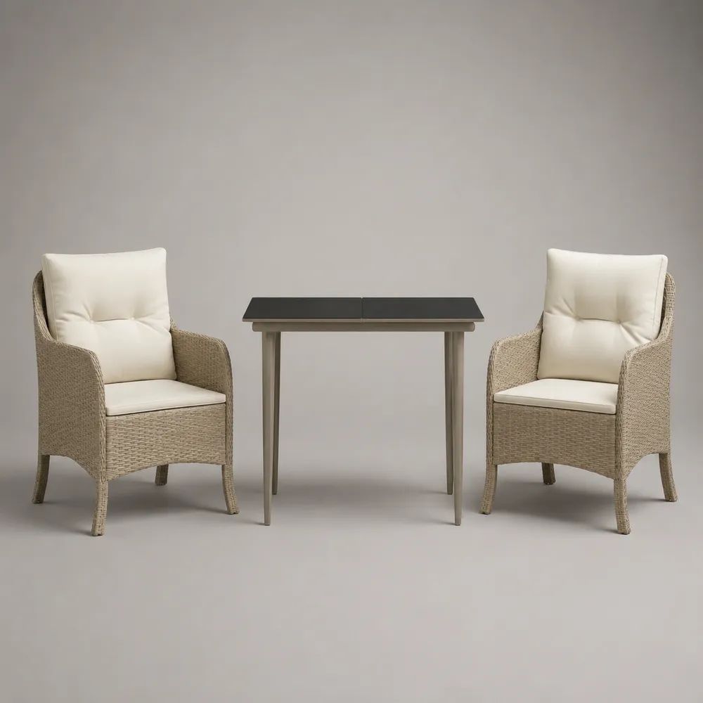 Set da giardino per esterno 3 pezzi con 2 poltrone in rattan e tavolo in metallo e vetro, poltrone 60 x 62 x 90 cm, tavolo 80 x 60 x 75 cm, beige, crema, antracite e tortora