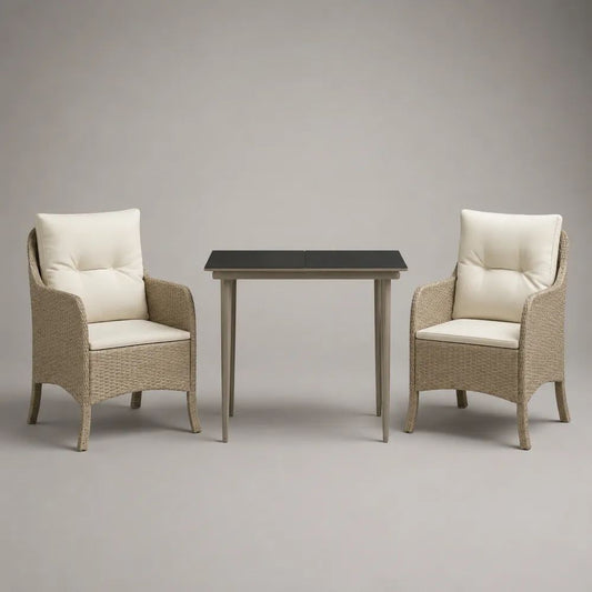 Set da giardino per esterno 3 pezzi con 2 poltrone in rattan e tavolo in metallo e vetro, poltrone 60 x 62 x 90 cm, tavolo 80 x 60 x 75 cm, beige, crema, antracite e tortora