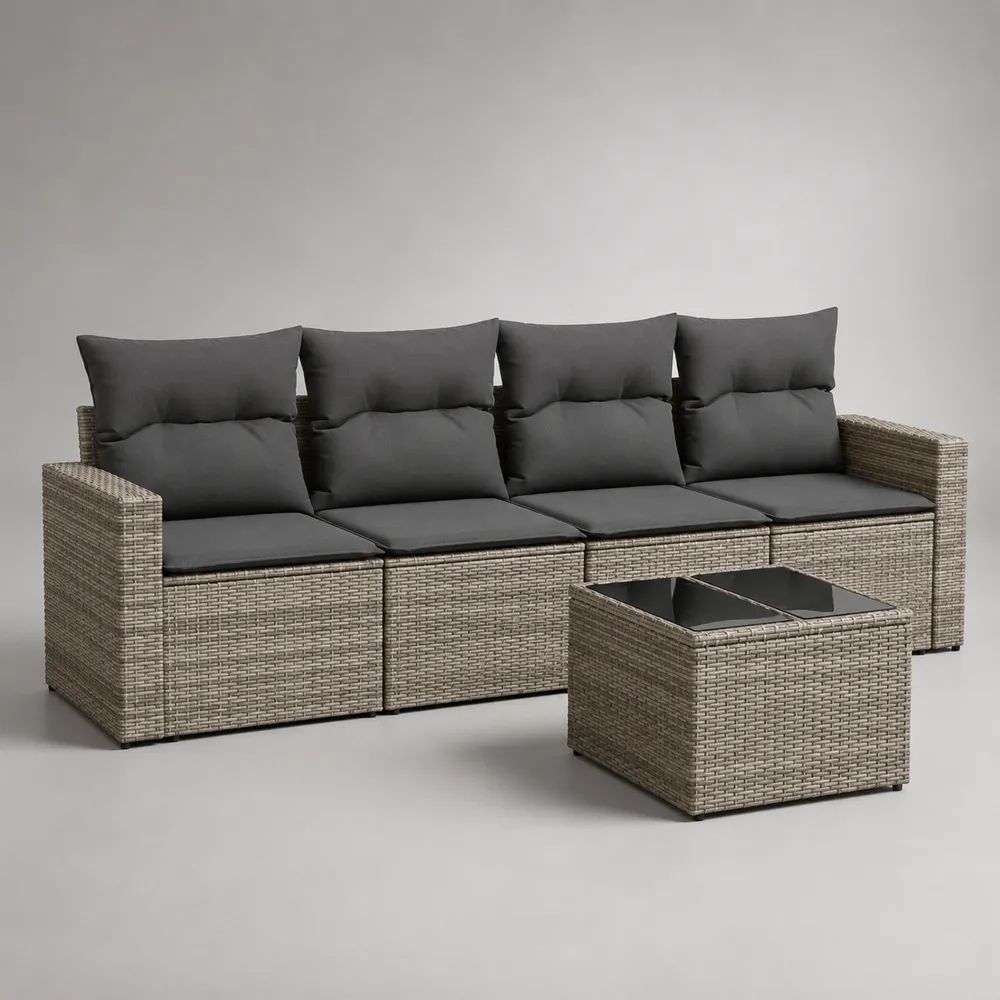 Set divano da giardino 4 posti con tavolino quadrato in polyrattan grigio e cuscini antracite, 264 x 70 x 74 cm e 70 x 70 x 35 cm
