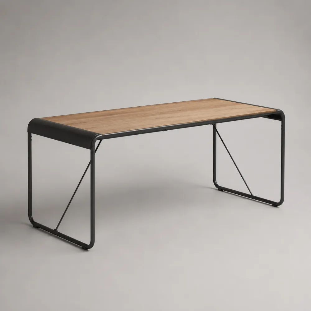 Tavolo da pranzo rettangolare in MDF e acciaio, rovere naturale e nero, 160 × 80 × 75 cm