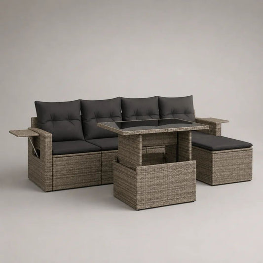 Set salotto da giardino 5 posti in polyrattan grigio tortora e antracite, divano angolare 240 × 180 × 85 cm, pouf e tavolo elevabile 145 × 75 × 48-68 cm