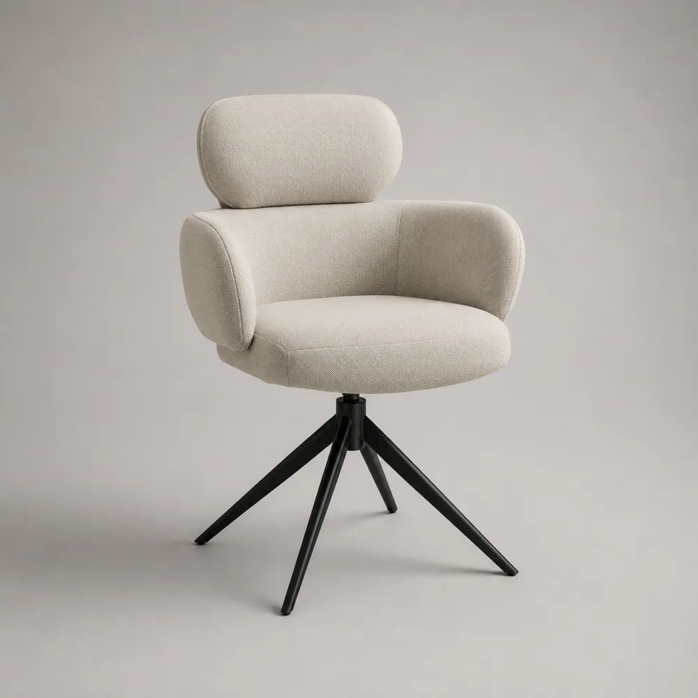 Sedia da pranzo girevole imbottita in poliestere con braccioli e poggiatesta, beige e nero, 70 × 67 × 92 cm