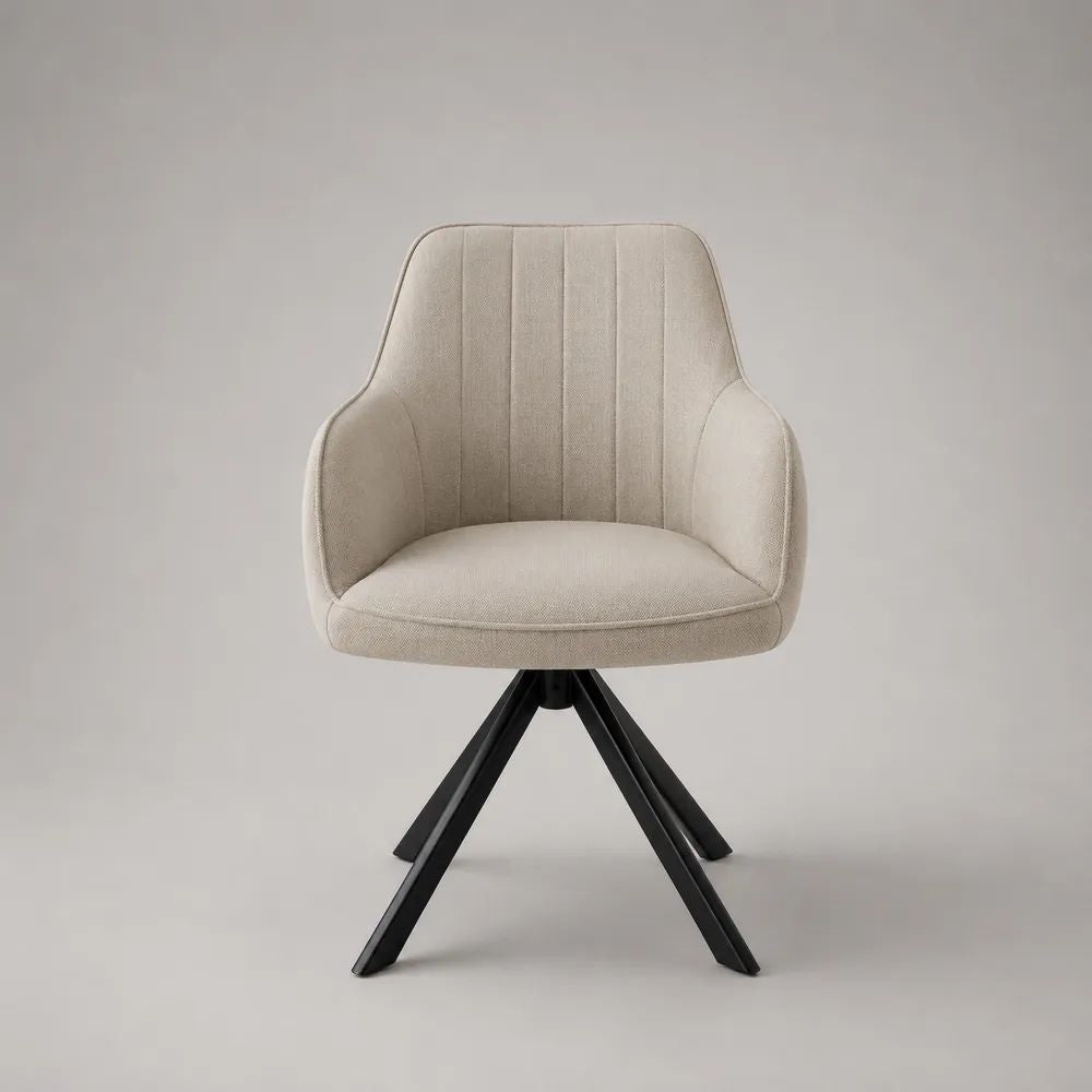 Sedia da pranzo girevole con braccioli in tessuto beige e acciaio nero, 59 × 61 × 84 cm