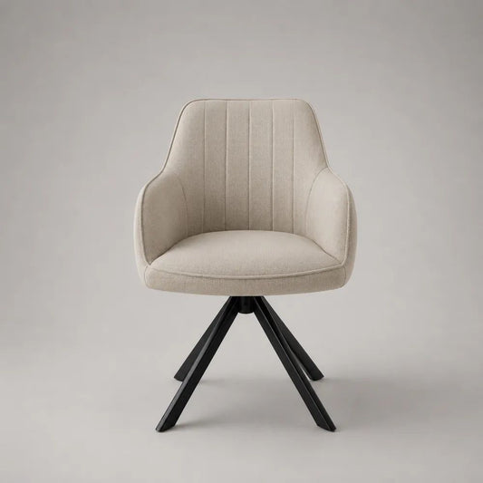 Sedia da pranzo girevole con braccioli in tessuto beige e acciaio nero, 59 × 61 × 84 cm