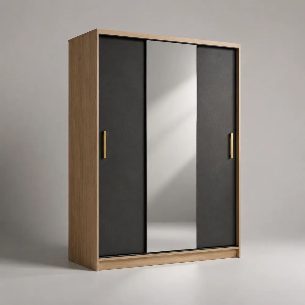 Armadio guardaroba rettangolare in legno con 3 ante scorrevoli e specchio, rovere naturale e antracite, 180 x 60 x 210 cm