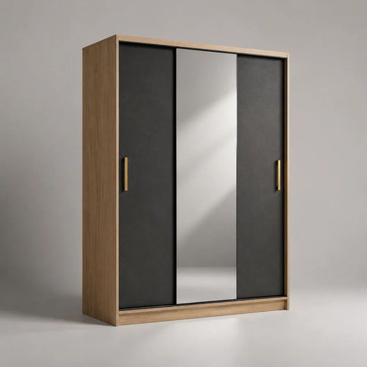 Armadio guardaroba rettangolare in legno con 3 ante scorrevoli e specchio, rovere naturale e antracite, 180 x 60 x 210 cm