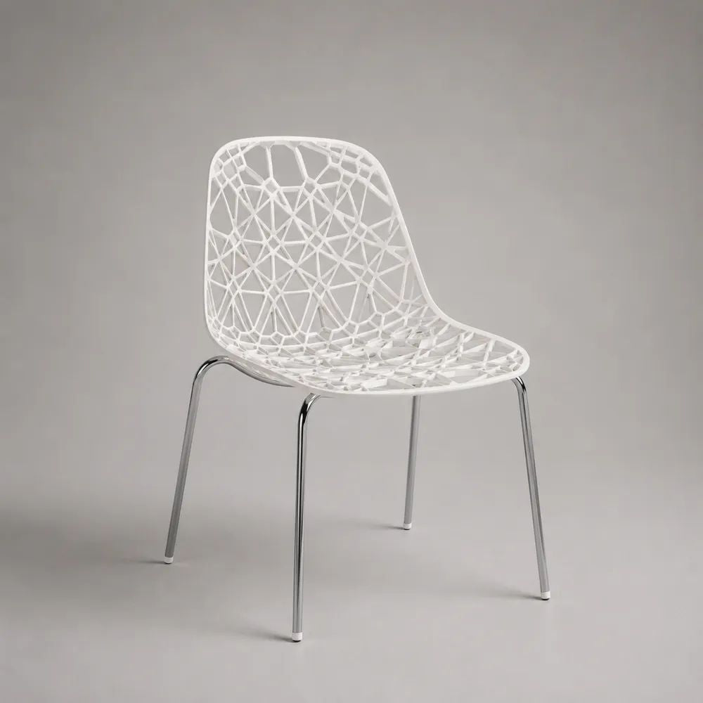 Sedia da pranzo bianca in polipropilene traforato con gambe in acciaio cromato, 52 × 53 × 81 cm