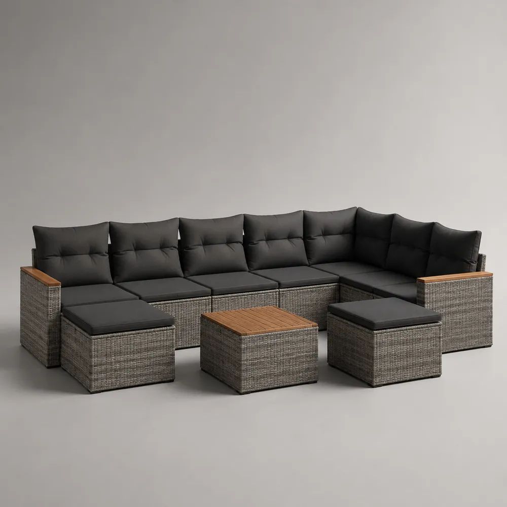 Set salotto modulare da esterno a U 10 pezzi in polyrattan PE e acciaio con cuscini grigio antracite, 300 x 210 x 72 cm