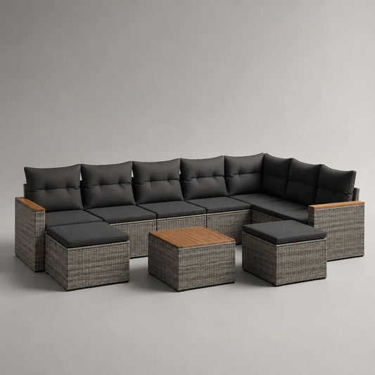 Set salotto modulare da esterno a U 10 pezzi in polyrattan PE e acciaio con cuscini grigio antracite, 300 x 210 x 72 cm