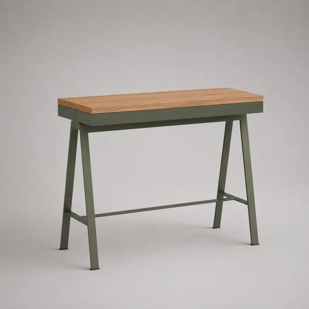 Tavolo da bar rettangolare 120 × 40 × 105 cm in MDF impiallacciato rovere e acciaio verde oliva