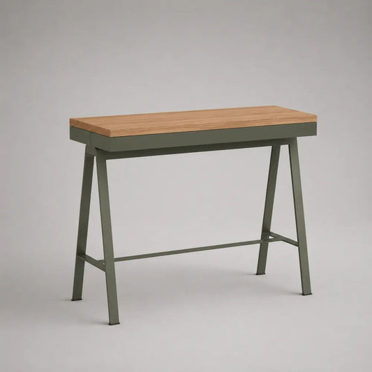 Tavolo da bar rettangolare 120 × 40 × 105 cm in MDF impiallacciato rovere e acciaio verde oliva