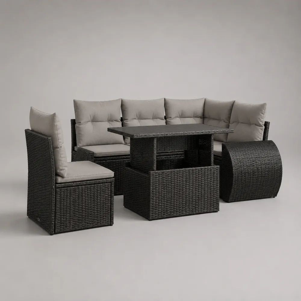 Set salotto da giardino 8 posti in rattan nero con cuscini grigio tortora e tavolo 120 × 70 × 68 cm