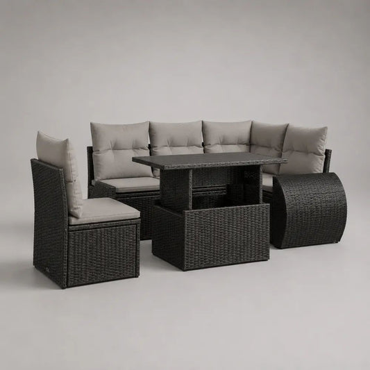 Set salotto da giardino 8 posti in rattan nero con cuscini grigio tortora e tavolo 120 × 70 × 68 cm