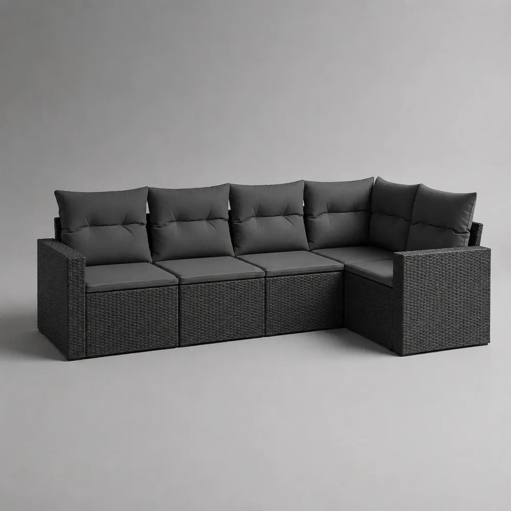 Divano angolare modulare da giardino a 4 posti in polyrattan con cuscini, antracite e nero, 260 x 190 x 75 cm