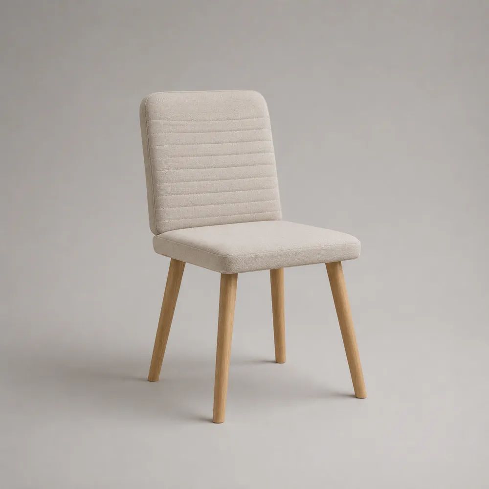 Sedia da pranzo imbottita in tessuto beige con gambe in legno massello, 45 × 55 × 84 cm