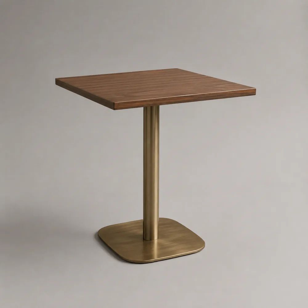 Tavolo da pranzo quadrato 70 × 70 × 75 cm con piano in legno e base centrale in acciaio, marrone noce e ottone
