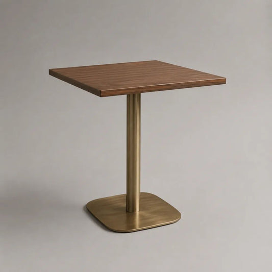 Tavolo da pranzo quadrato 70 × 70 × 75 cm con piano in legno e base centrale in acciaio, marrone noce e ottone